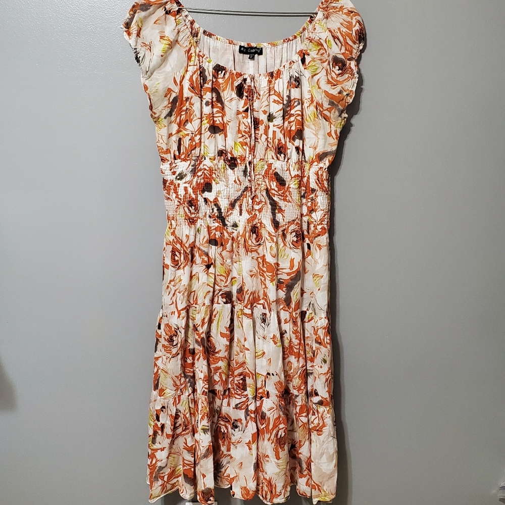 Mlle Gabrielle Floral Midi Peasant Dress in Orange and Cream Size 1X